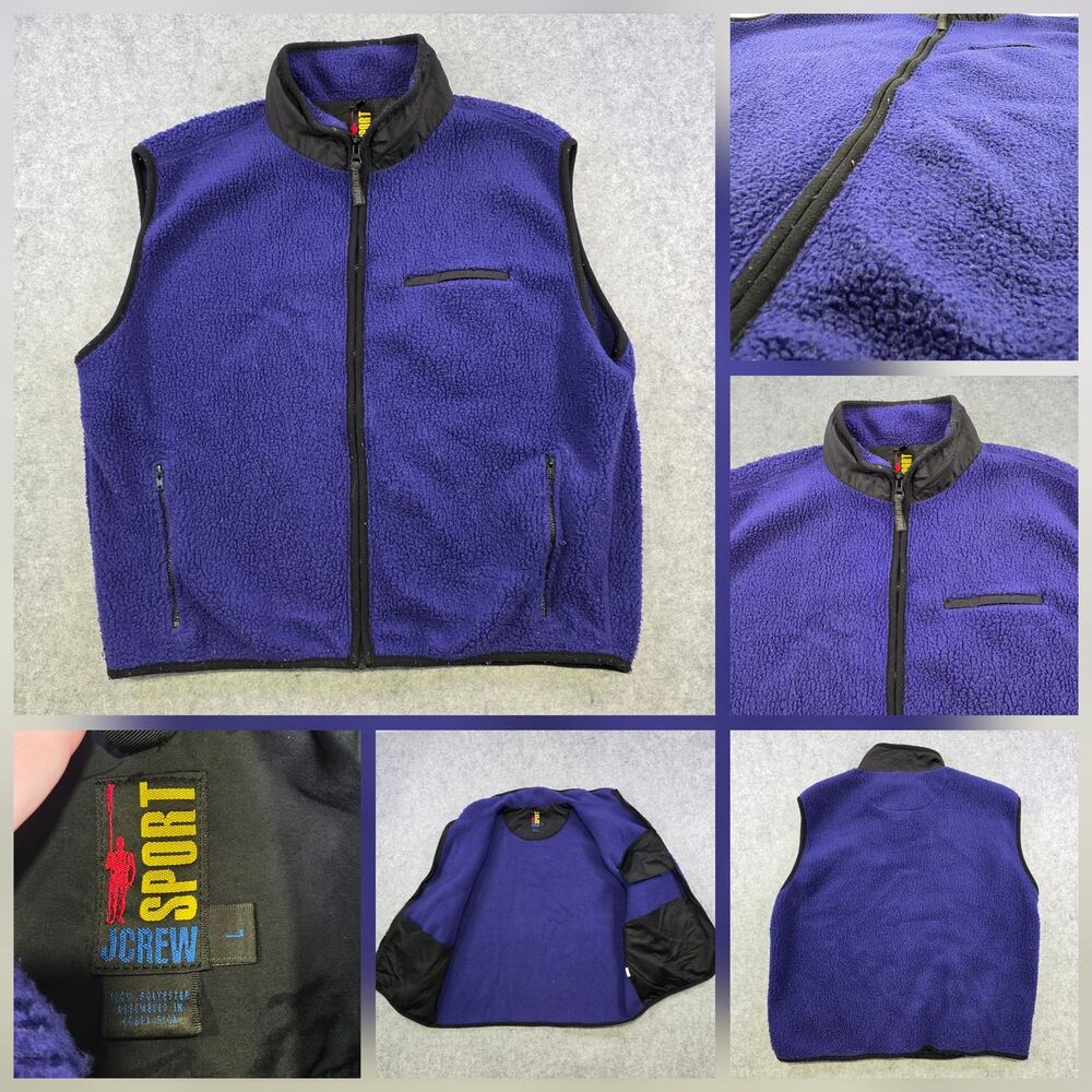Vintage J Crew Sport Vest Mens Large Purple‎ Fleece Sherpa Full Zip Pockets 90s